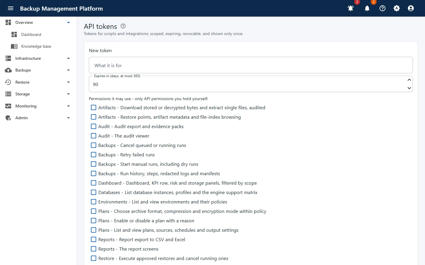 Admin › API tokens - issue a token and see every token's scopes, expiry and last use