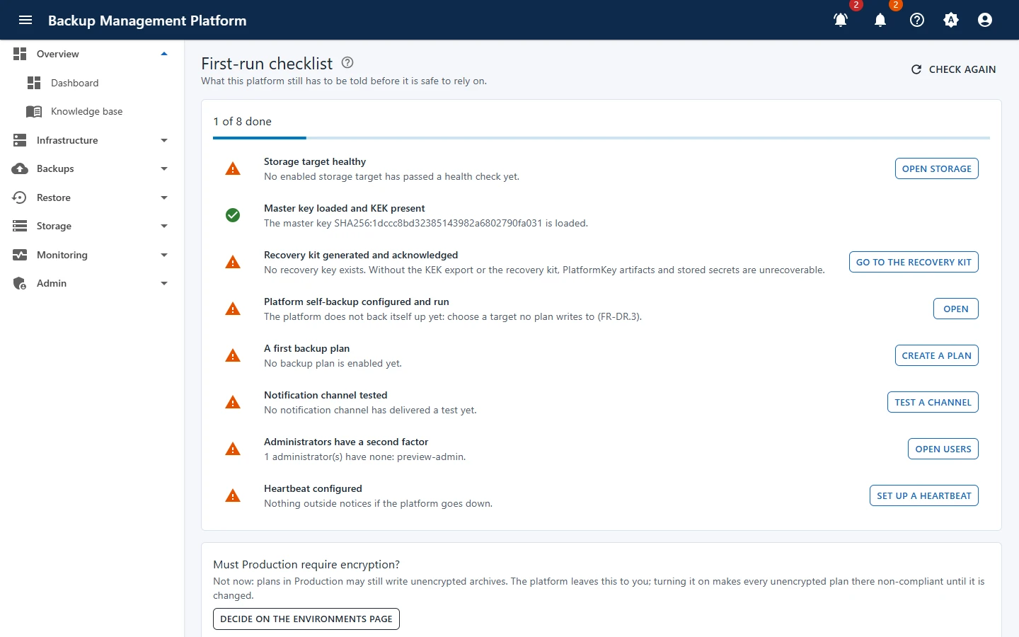 Admin › First-run checklist - each open item says what is missing and opens the screen that fixes it