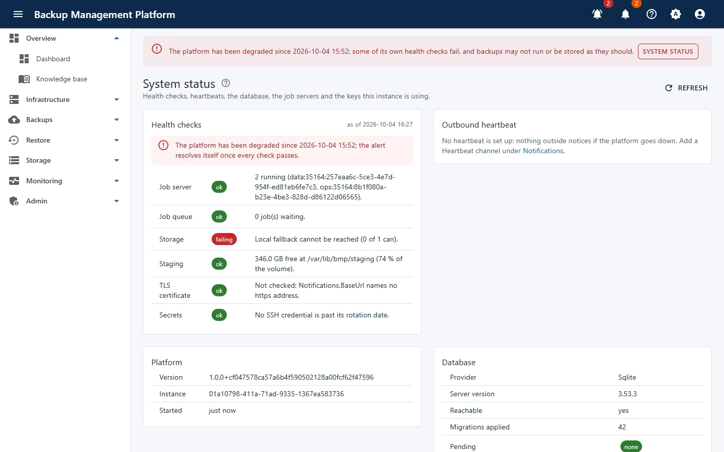 Admin › System status on a degraded platform: the storage check fails